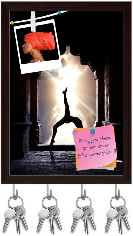 Artzfolio Yoga Pinboard with Key Holder Hooks Dark Brown Frame 10x14.1inch (25x36cms) Cork Bulletin Board  (Multicolor 10 x 14.1 inch (25 x 36 cms))