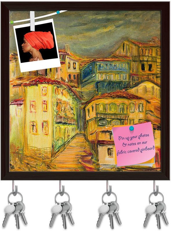 Artzfolio Old Vivid Village Houses Pinboard with Key Holders Dark Brown Frame16x17inch Cork Bulletin Board  (Multicolor 16 x 17 inch (41 x 43 cms))