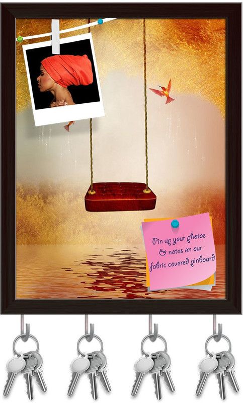 Artzfolio Red Hammock & Hummingbird Pinboard with Key Holders Dark Brown Frame6x7.7inch Cork Bulletin Board  (Multicolor 6 x 7.7 inch (15 x 20 cms))