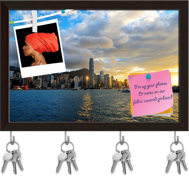 Artzfolio Skyline Of Hong Kong D1 Pinboard with Key Holders Dark Brown Frame11.6x8inch Cork Bulletin Board  (Multicolor 11.6 x 8 inch (29 x 20 cms))
