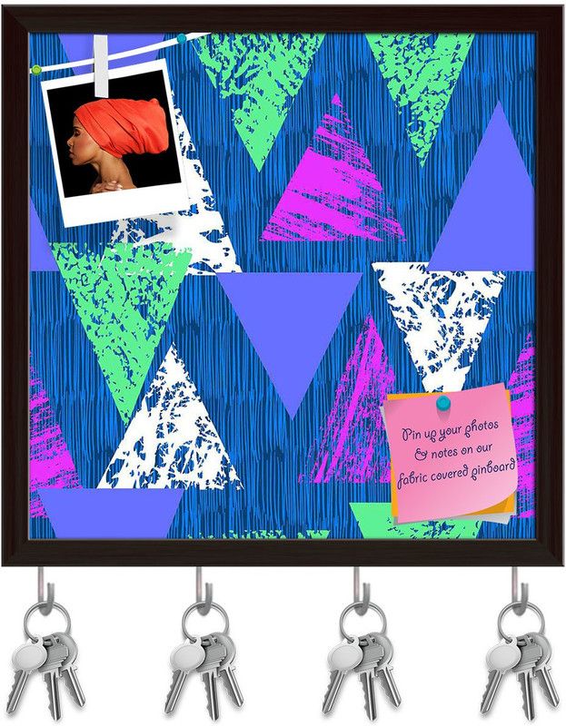 Artzfolio Mixed Triangled D1 Pinboard with Key Holder Hooks Dark Brown Frame 20x20inch Cork Bulletin Board  (Multicolor 20 x 20 inch (51 x 51 cms))