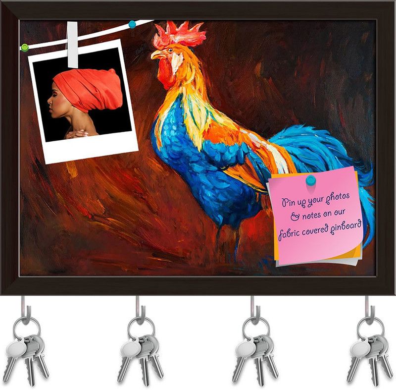 Artzfolio Blue & Orange Rooster Or Cock Pinboard & Key Holders Dark Brown Frame10.7x8inch Cork Bulletin Board  (Multicolor 10.7 x 8 inch (27 x 20 cms))