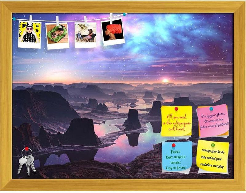 Artzfolio Gaseous Aurora Over Mountainous Alien Landscape Pinboard Golden15.7x12inch Cork Bulletin Board  (Multicolor 15.7 x 12 inch (40 x 30 cms))