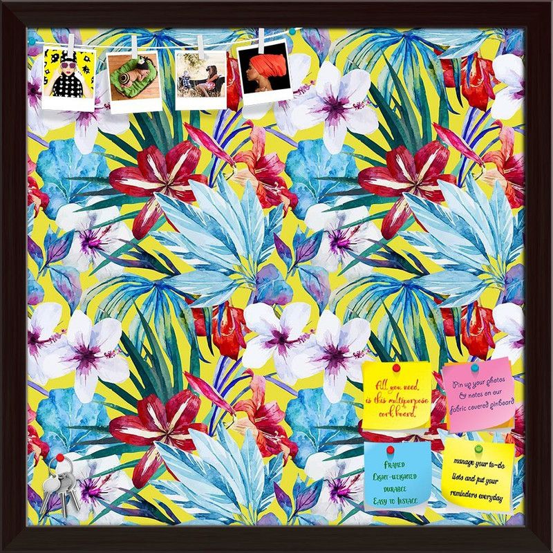 Artzfolio Watercolor Lily Hibiscus Flowers Pattern Notice Pin Soft Board with Push Pins Cork Bulletin Board  (Dark Brown Frame 28 x 28 inch (71 x 71 cms))