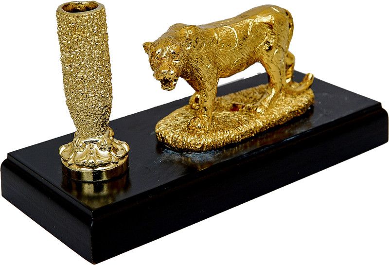 StatueStudio 1 Compartments Polyresin Wooden Pen Holder with Tiger Idol Desk Organizer Tabletop with Animal Showpiece  (Gold)