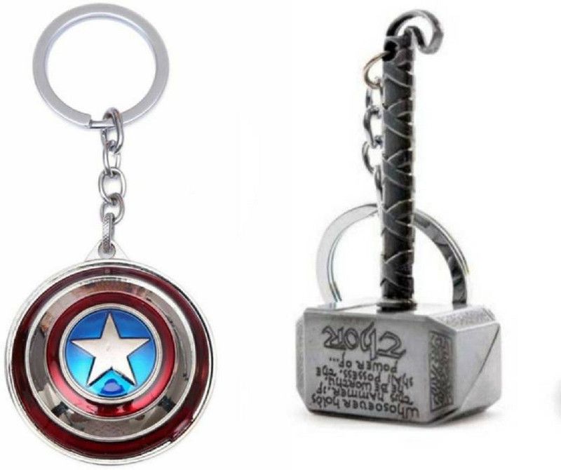 Nk choudhary New Combo Avengers Infinity War End Of The Game Movie Captain America Rotatable Shield And Silver Thor Hammer Marvel Metal Key Chain