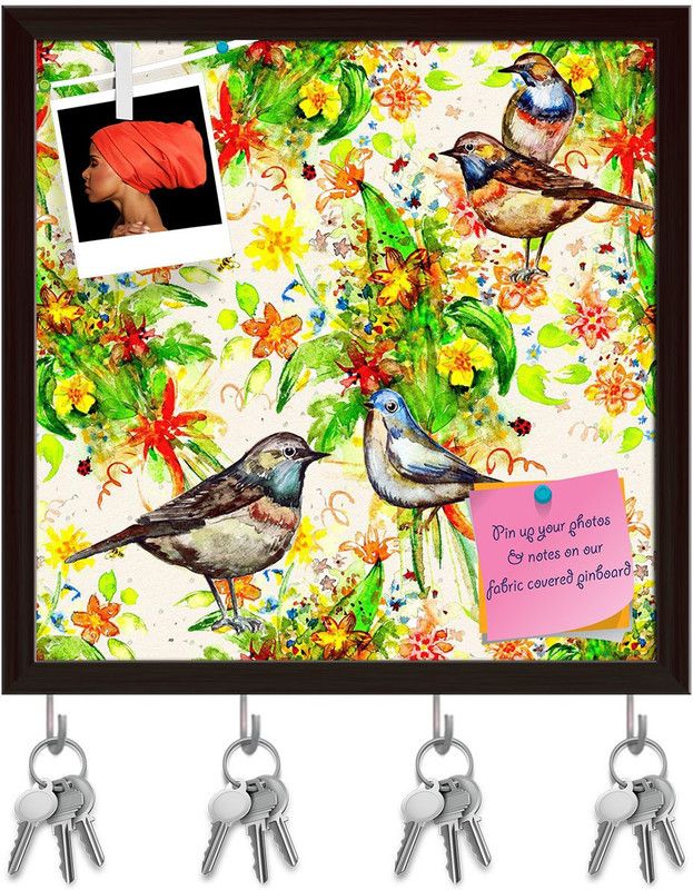Artzfolio Birds & Flowers D3 Pinboard with Key Holder Hooks Dark Brown Frame 20x20inch Cork Bulletin Board  (Multicolor 20 x 20 inch (51 x 51 cms))