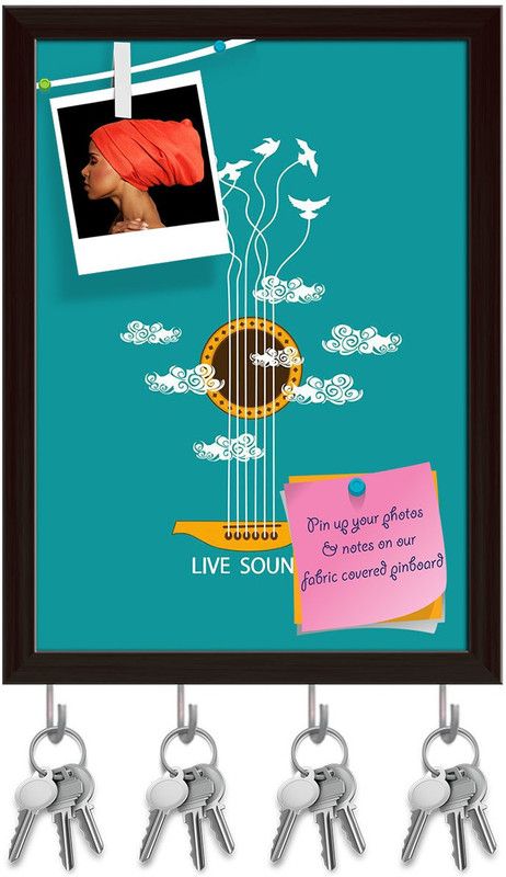 Artzfolio Guitar & Birds In The Sky Pinboard with Key Holders Dark Brown Frame10x13.7inch Cork Bulletin Board  (Multicolor 10 x 13.7 inch (25 x 35 cms))