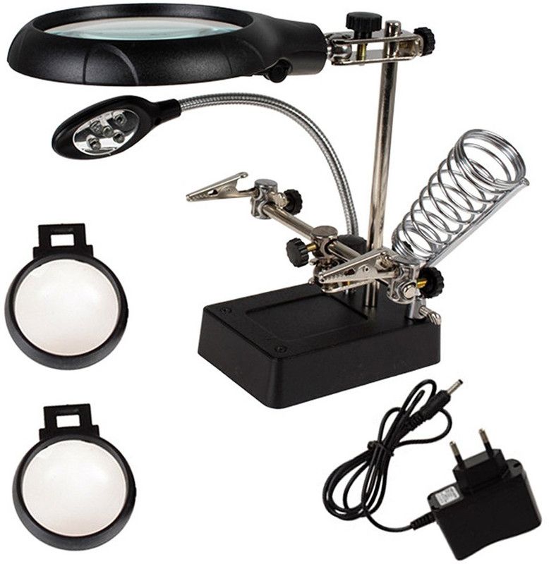JM Helping Hand Magnifier Magnifying Glass LED Soldering Stand 2.5X 7.5X 10X Soldering Stand  (Black)