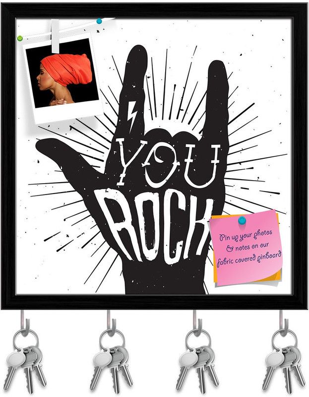 Artzfolio Rock Hand Sign Pin Board with Key Holder Hooks Black Frame 8x8inch (20x20cms) Cork Bulletin Board  (Multicolor 8 x 8 inch (20 x 20 cms))
