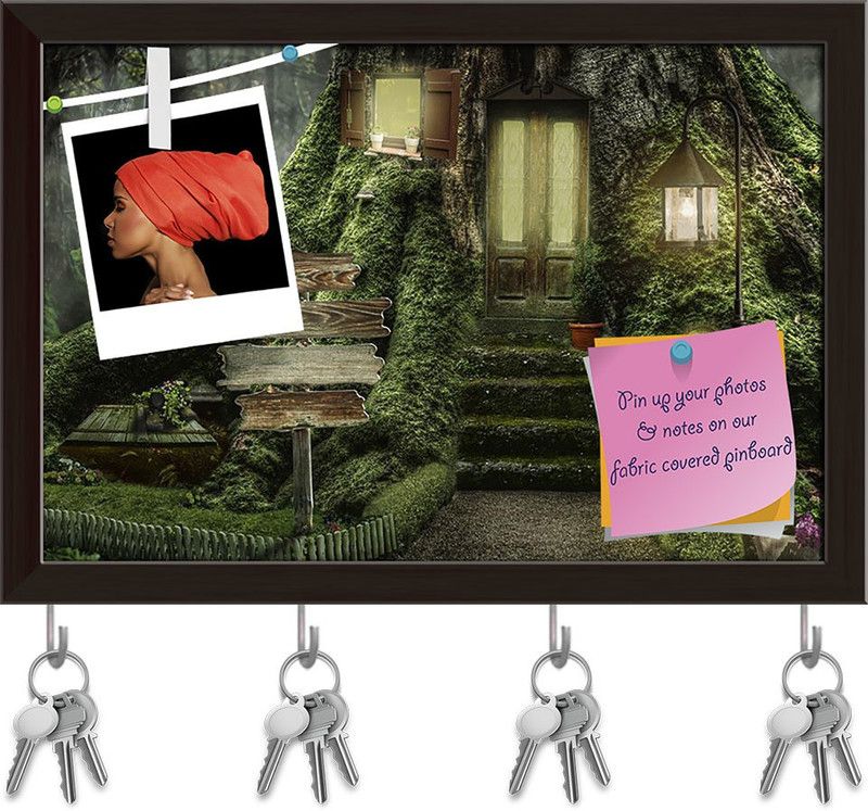 Artzfolio Fairy House D2 Pinboard with Key Holder Hooks Dark Brown Frame 17.6x12inch Cork Bulletin Board  (Multicolor 17.6 x 12 inch (45 x 30 cms))