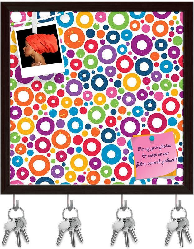 Artzfolio Colorful Circles Pinboard with Key Holder Hooks Dark Brown Frame 20x20inch Cork Bulletin Board  (Multicolor 20 x 20 inch (51 x 51 cms))