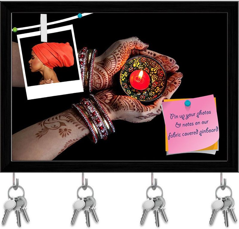Artzfolio Traditional Indian Festival Pin Board with Key Holders Black Frame 11.2x8inch Cork Bulletin Board  (Multicolor 11.2 x 8 inch (28 x 20 cms))