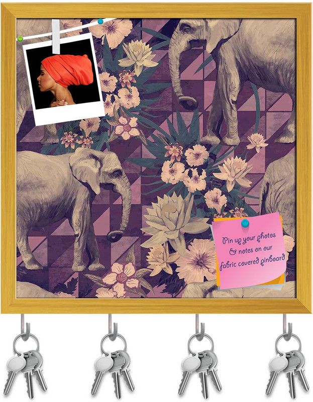 Artzfolio Indian Elephants Pin Board with Key Holder Hooks Golden Frame 8x8inch (20x20cms) Cork Bulletin Board  (Multicolor 8 x 8 inch (20 x 20 cms))