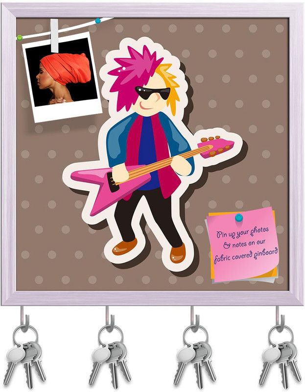 Artzfolio Guitar Player Pin Board with Key Holder Hooks White Frame 8x8inch (20x20cms) Cork Bulletin Board  (Multicolor 8 x 8 inch (20 x 20 cms))