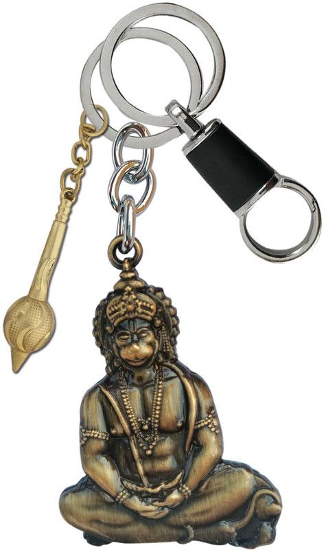 SHOKY LOOKS Double Side Hanuman Ji With Golden Gada Along With Balck Hanging Lock Key Chain