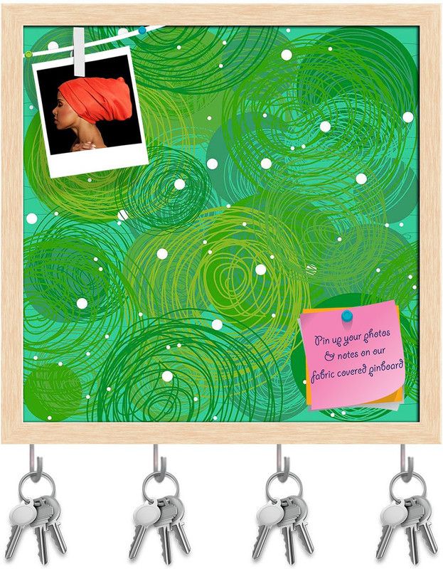 Artzfolio Green Bubble Pin Board with Key Holders Natural Brown Frame 20x20inch (51x51cms) Cork Bulletin Board  (Multicolor 20 x 20 inch (51 x 51 cms))
