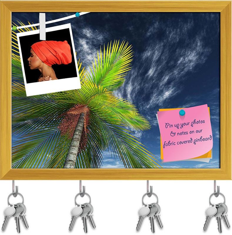 Artzfolio Palm Tree Towards The Sky Pin Board with Key Holders Golden Frame 10.3x8inch Cork Bulletin Board  (Multicolor 10.3 x 8 inch (26 x 20 cms))