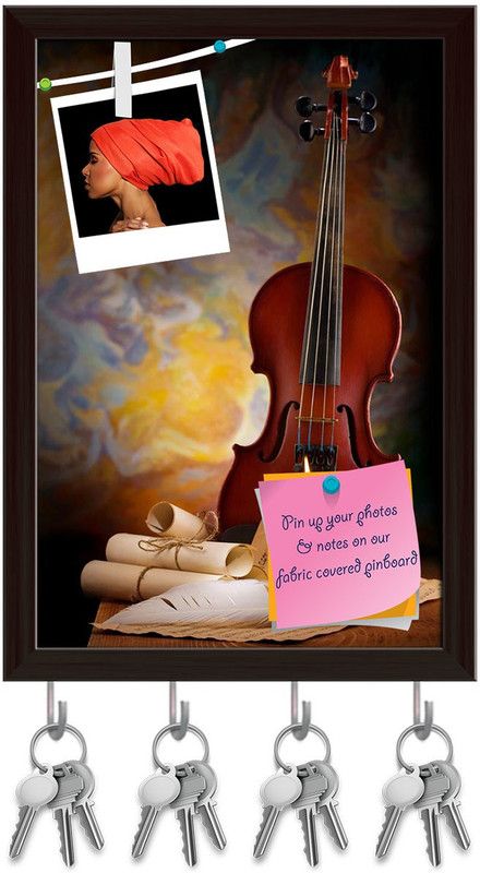 Artzfolio Antique Music Pinboard with Key Holder Hooks Dark Brown Frame 6x8.5inch Cork Bulletin Board  (Multicolor 6 x 8.5 inch (15 x 22 cms))