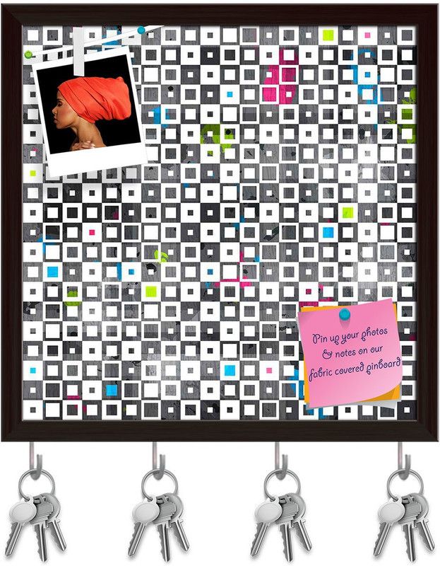 Artzfolio Grunge Squares D1 Pinboard with Key Holder Hooks Dark Brown Frame 10x10inch Cork Bulletin Board  (Multicolor 10 x 10 inch (25 x 25 cms))