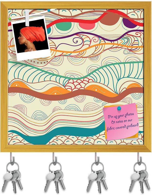 Artzfolio Waves Drawing Pin Board with Key Holder Hooks Golden Frame 20x20inch (51x51cms) Cork Bulletin Board  (Multicolor 20 x 20 inch (51 x 51 cms))