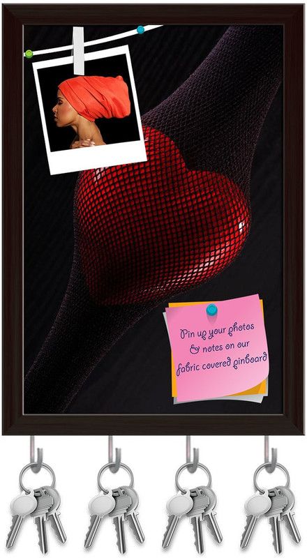 Artzfolio Red Heart Pinboard with Key Holder Hooks Dark Brown Frame 10x14.5inch (25x37cms) Cork Bulletin Board  (Multicolor 10 x 14.5 inch (25 x 37 cms))