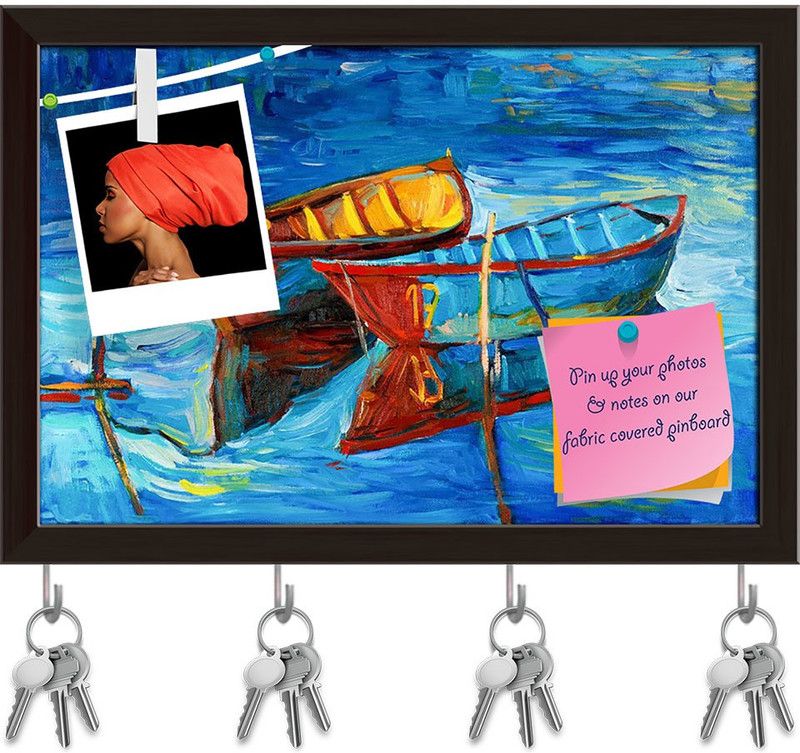 Artzfolio Artwork Of Boats & Sea D1 Pinboard with Key Holders Dark Brown Frame11.5x8inch Cork Bulletin Board  (Multicolor 11.5 x 8 inch (29 x 20 cms))