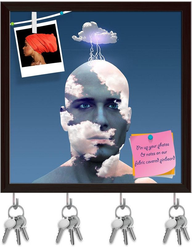 Artzfolio Head In Clouds Pinboard with Key Holder Hooks Dark Brown Frame 16x16inch Cork Bulletin Board  (Multicolor 16 x 16 inch (41 x 41 cms))