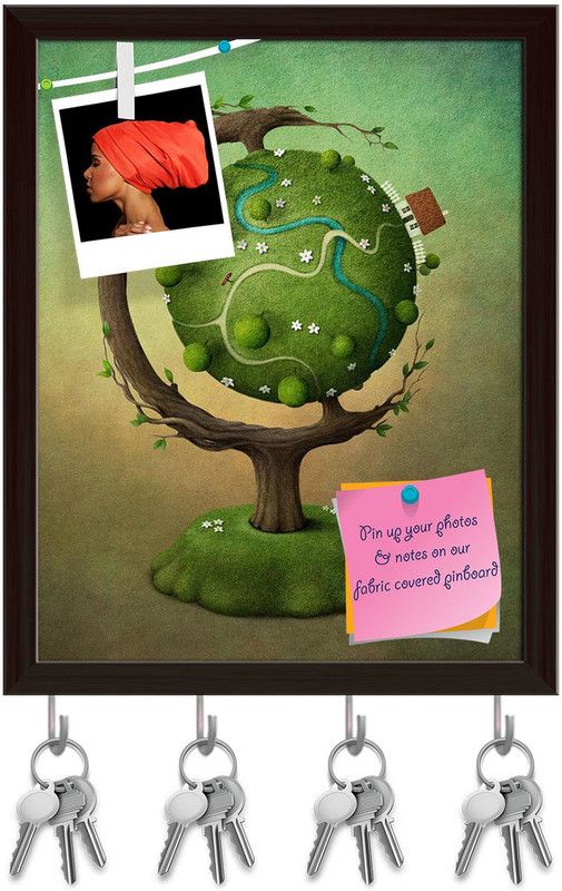 Artzfolio Globe With House Garden & Road Pinboard & Key Holders Dark Brown Frame8x9.9inch Cork Bulletin Board  (Multicolor 8 x 9.9 inch (20 x 25 cms))