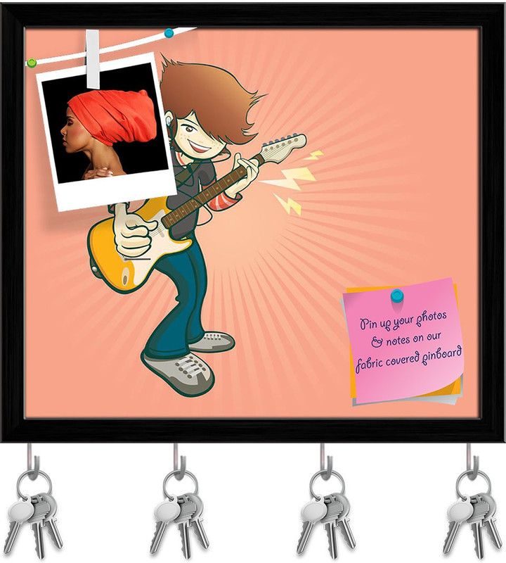 Artzfolio Rock Guitar Cartoon Style Music Pin Board with Key Holders Black Frame 9.2x8inch Cork Bulletin Board  (Multicolor 9.2 x 8 inch (23 x 20 cms))