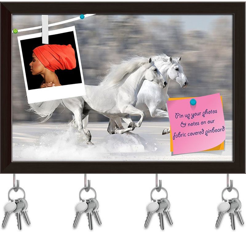 Artzfolio Two White Horses In Winter Pinboard with Key Holders Dark Brown Frame11.5x8inch Cork Bulletin Board  (Multicolor 11.5 x 8 inch (29 x 20 cms))