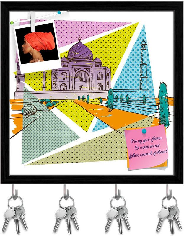 Artzfolio Taj Mahal Pin Board with Key Holder Hooks Black Frame 16x16inch (41x41cms) Cork Bulletin Board  (Multicolor 16 x 16 inch (41 x 41 cms))
