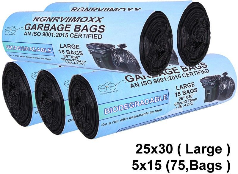 RGNRVIIMOXX OXO-Biodegradable Garbage Bags 25x30 Inches (Large) pack of 5 Roll (75,Bags ) black Large 20-30 L Garbage Bag  (75Bag )