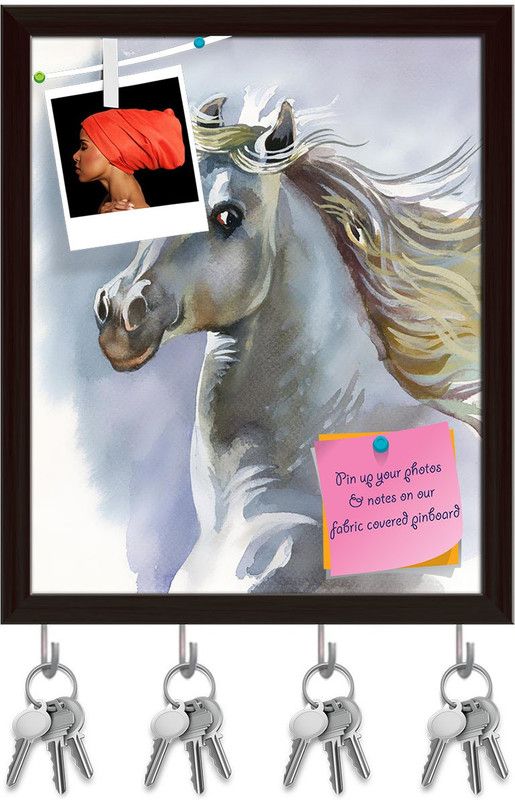 Artzfolio White Horse D2 Pinboard with Key Holder Hooks Dark Brown Frame 16x19.6inch Cork Bulletin Board  (Multicolor 16 x 19.6 inch (41 x 50 cms))