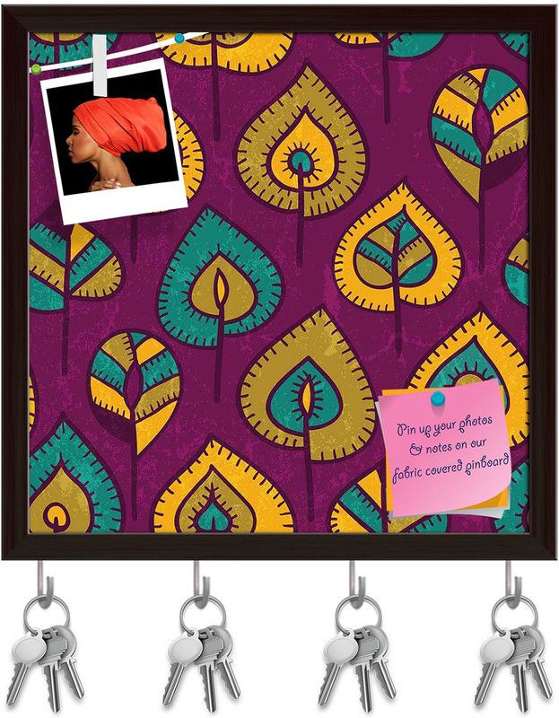 Artzfolio Stylized Leaves Pinboard with Key Holder Hooks Dark Brown Frame 10x10inch Cork Bulletin Board  (Multicolor 10 x 10 inch (25 x 25 cms))