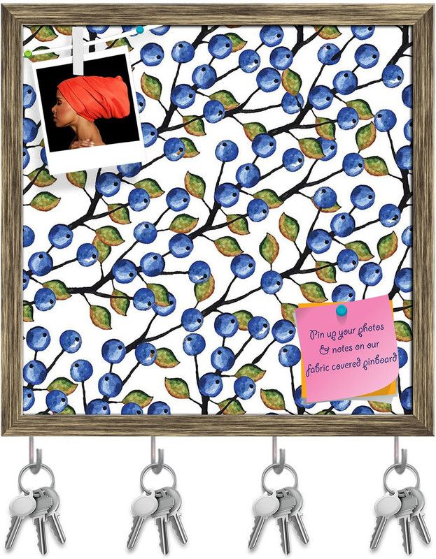 Artzfolio Blueberries Around Pinboard with Key Holder Hooks Antique Golden Frame 20x20inch Cork Bulletin Board  (Multicolor 20 x 20 inch (51 x 51 cms))