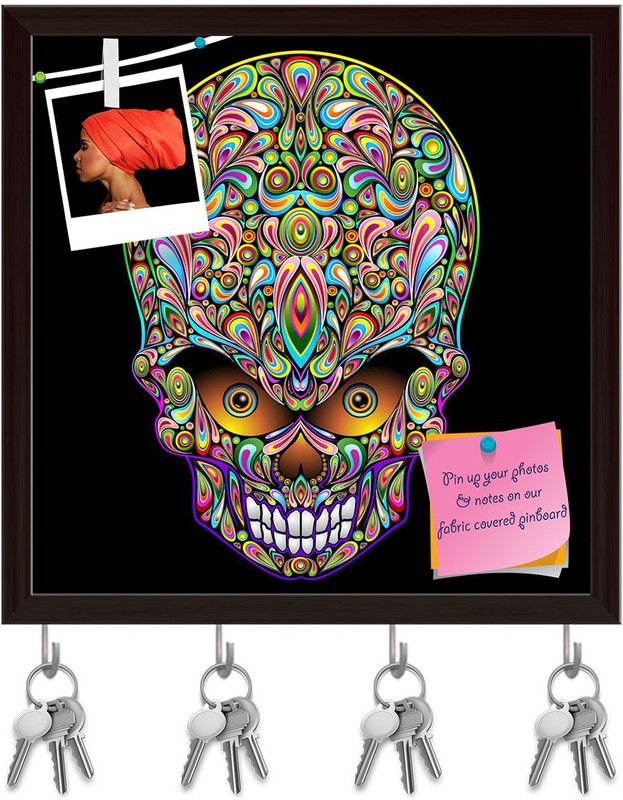 Artzfolio Psychedelic Skull Pop Art Design Pinboard & Key Holders Dark Brown Frame8x8inch Cork Bulletin Board  (Multicolor 8 x 8 inch (20 x 20 cms))