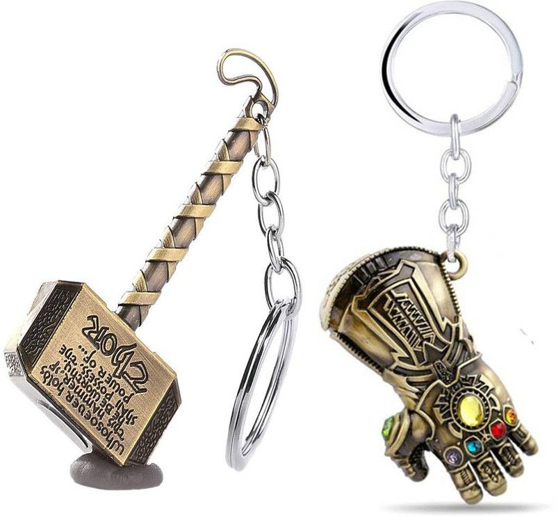 eweft Avenger Thor Hammer Gold And Thanos Hand Metal (2pcs Pack) Key Chain