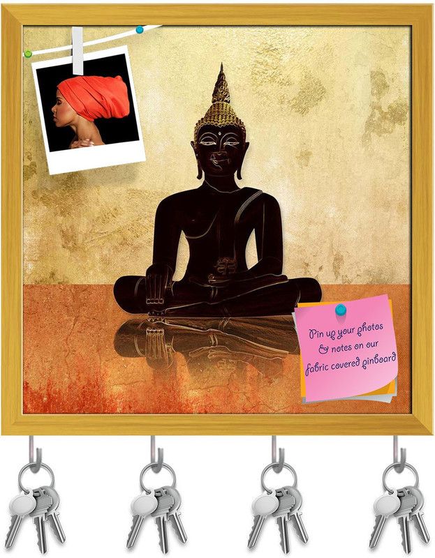 Artzfolio Buddha D4 Pinboard with Key Holder Hooks Golden Frame 20 x 20 inch (51 x 51 cms) Cork Bulletin Board  (Multicolor 20 x 20 inch (51 x 51 cms))