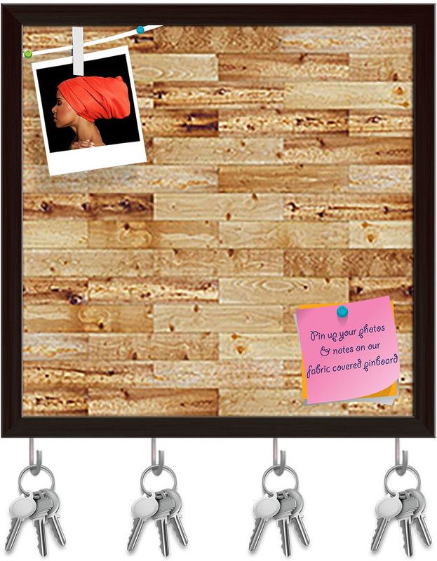 Artzfolio Yellow Parquet Pinboard with Key Holder Hooks Dark Brown Frame 8x8inch Cork Bulletin Board  (Multicolor 8 x 8 inch (20 x 20 cms))