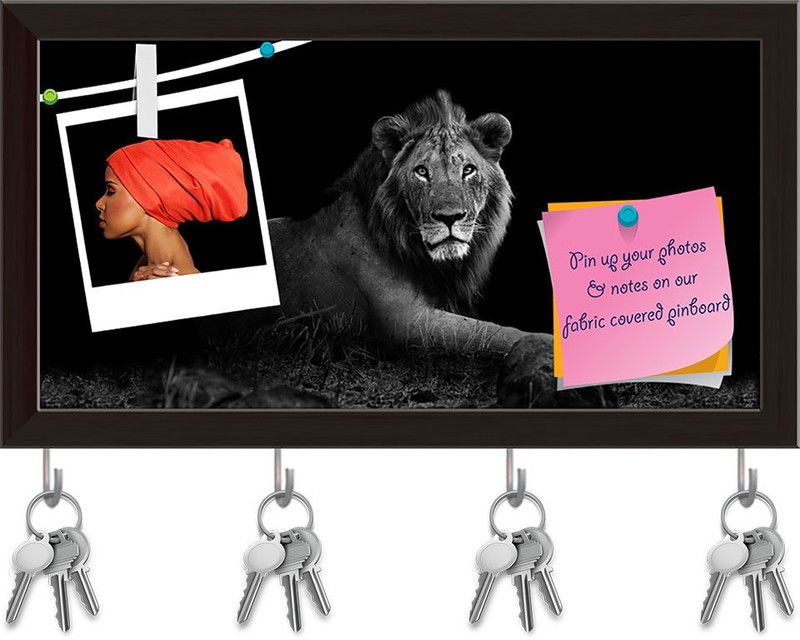 Artzfolio Wild Lion Pinboard with Key Holder Hooks Dark Brown Frame 18.6x10inch (47x25cms) Cork Bulletin Board  (Multicolor 18.6 x 10 inch (47 x 25 cms))