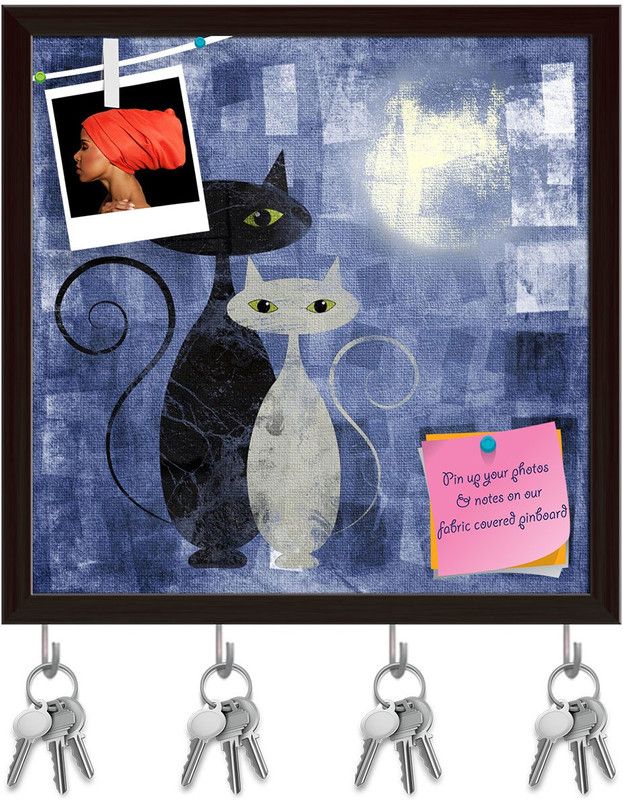 Artzfolio Black & White Cat Pinboard with Key Holder Hooks Dark Brown Frame 8x8inch Cork Bulletin Board  (Multicolor 8 x 8 inch (20 x 20 cms))