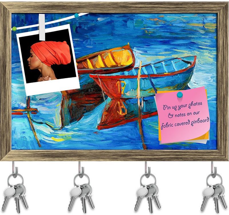 Artzfolio Artwork Of Boats & Sea Pin Board with Key Hooks Antique Golden Frame 17.5x12inch Cork Bulletin Board  (Multicolor 17.5 x 12 inch (44 x 30 cms))