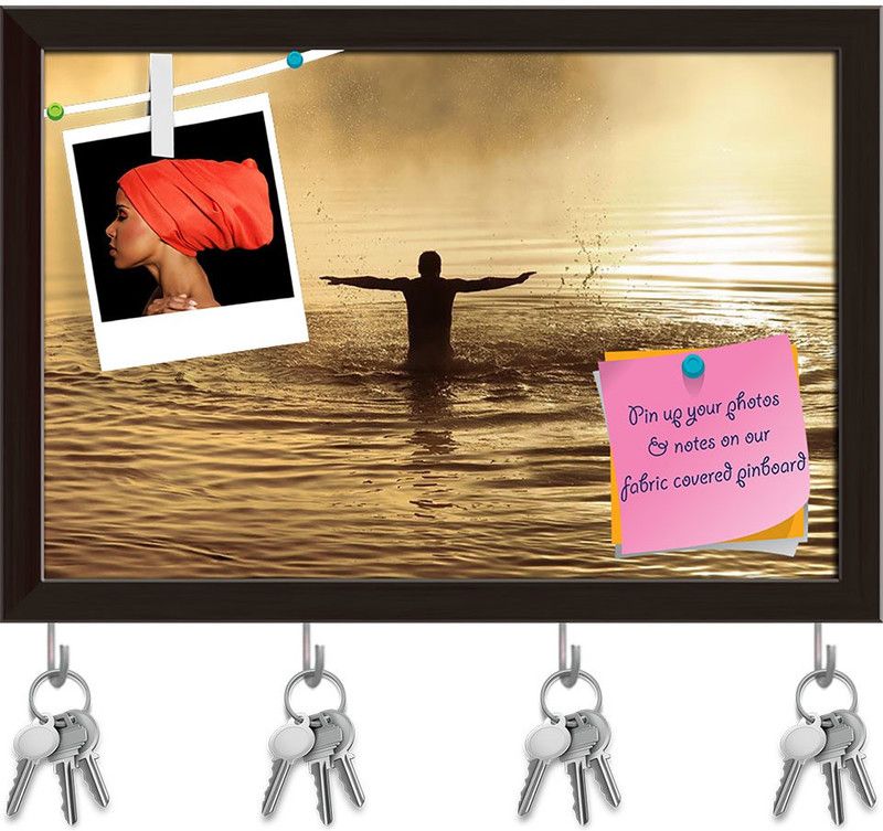 Artzfolio Male With Raised Arms Pinboard with Key Holder Hooks Dark Brown Frame 8.5x6inch Cork Bulletin Board  (Multicolor 8.5 x 6 inch (22 x 15 cms))