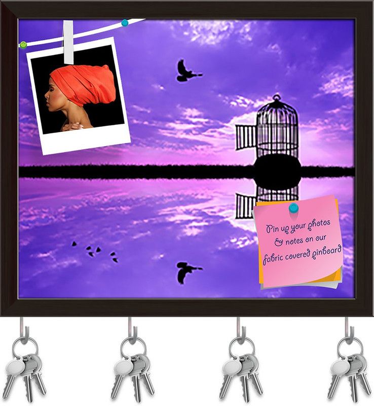 Artzfolio Birdcage On River Pinboard with Key Holder Hooks Dark Brown Frame 19.1x16inch Cork Bulletin Board  (Multicolor 19.1 x 16 inch (49 x 41 cms))