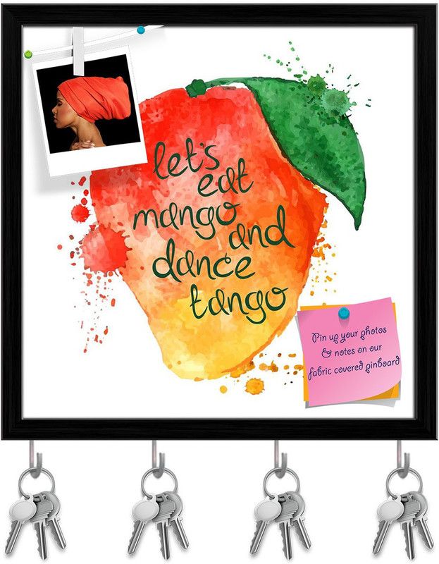 Artzfolio Mango Fruit Pin Board with Key Holder Hooks Black Frame 8x8inch (20x20cms) Cork Bulletin Board  (Multicolor 8 x 8 inch (20 x 20 cms))