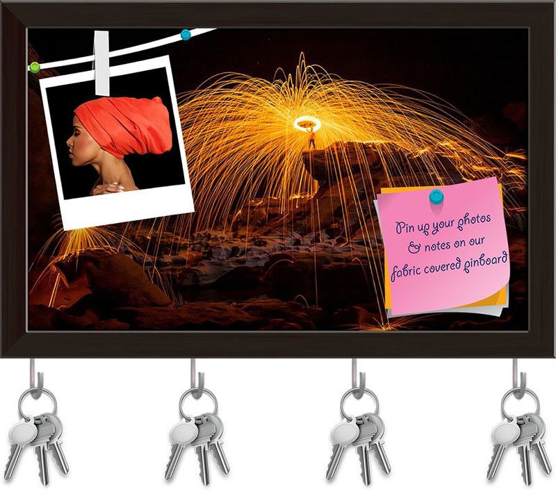 Artzfolio Fire Show D2 Pinboard with Key Holder Hooks Dark Brown Frame 15.9x10inch Cork Bulletin Board  (Multicolor 15.9 x 10 inch (40 x 25 cms))