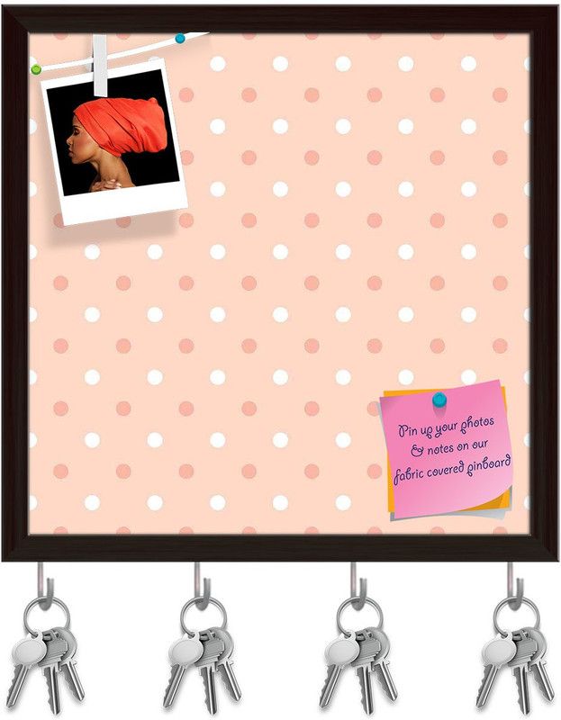Artzfolio Pink Polka Dots Pinboard with Key Holder Hooks Dark Brown Frame 10x10inch Cork Bulletin Board  (Multicolor 10 x 10 inch (25 x 25 cms))
