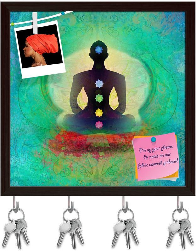 Artzfolio Yoga Lotus Pose D5 Pinboard with Key Holder Hooks Dark Brown Frame 16x16inch Cork Bulletin Board  (Multicolor 16 x 16 inch (41 x 41 cms))