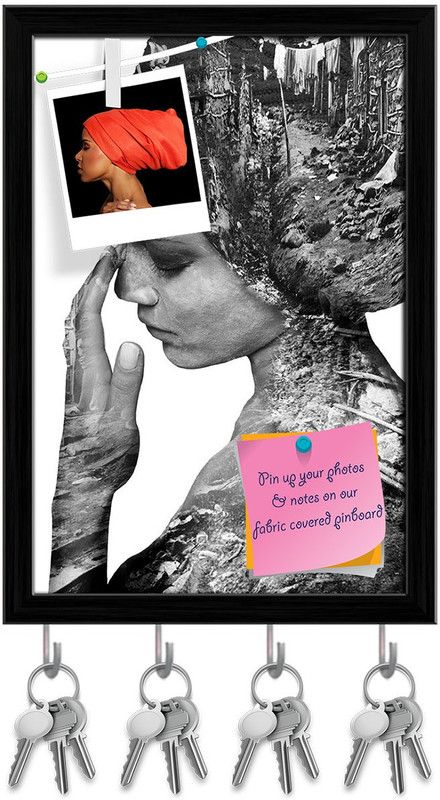 Artzfolio Girl & Leaves Black & White Tree Pin Board with Key Hooks Black Frame 8x11.5inch Cork Bulletin Board  (Multicolor 8 x 11.5 inch (20 x 29 cms))